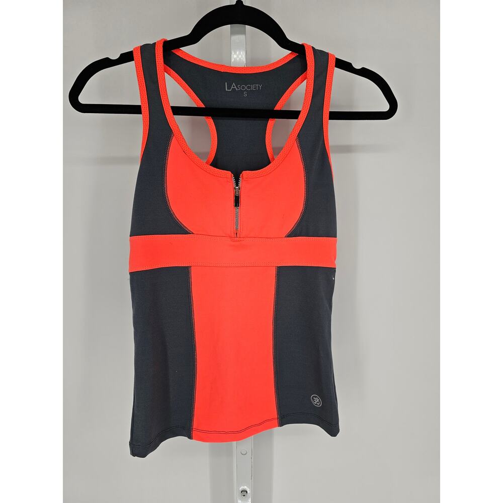 LA Society Women's Gray-Neon Orange Colorblock 1/4 Zipper Racerback Top Size S
